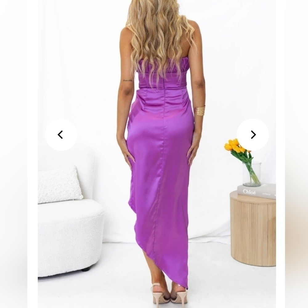 Hello Molly Strapless Basque Waist Corset Ruched Satin Asymmetrical Slit Dress - Picture 3 of 8